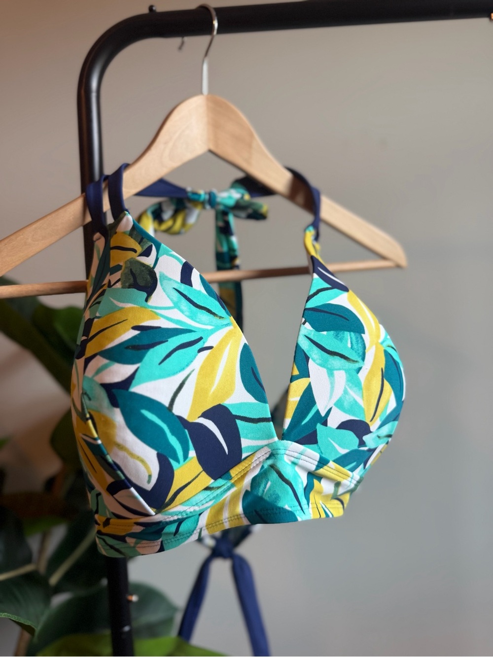 new directions Teal, Navy & Yellow Leaf Halter Bikini Top
